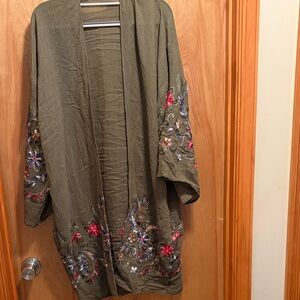 Olive Green Embroidered Kimono Cardigan with Floral Detail